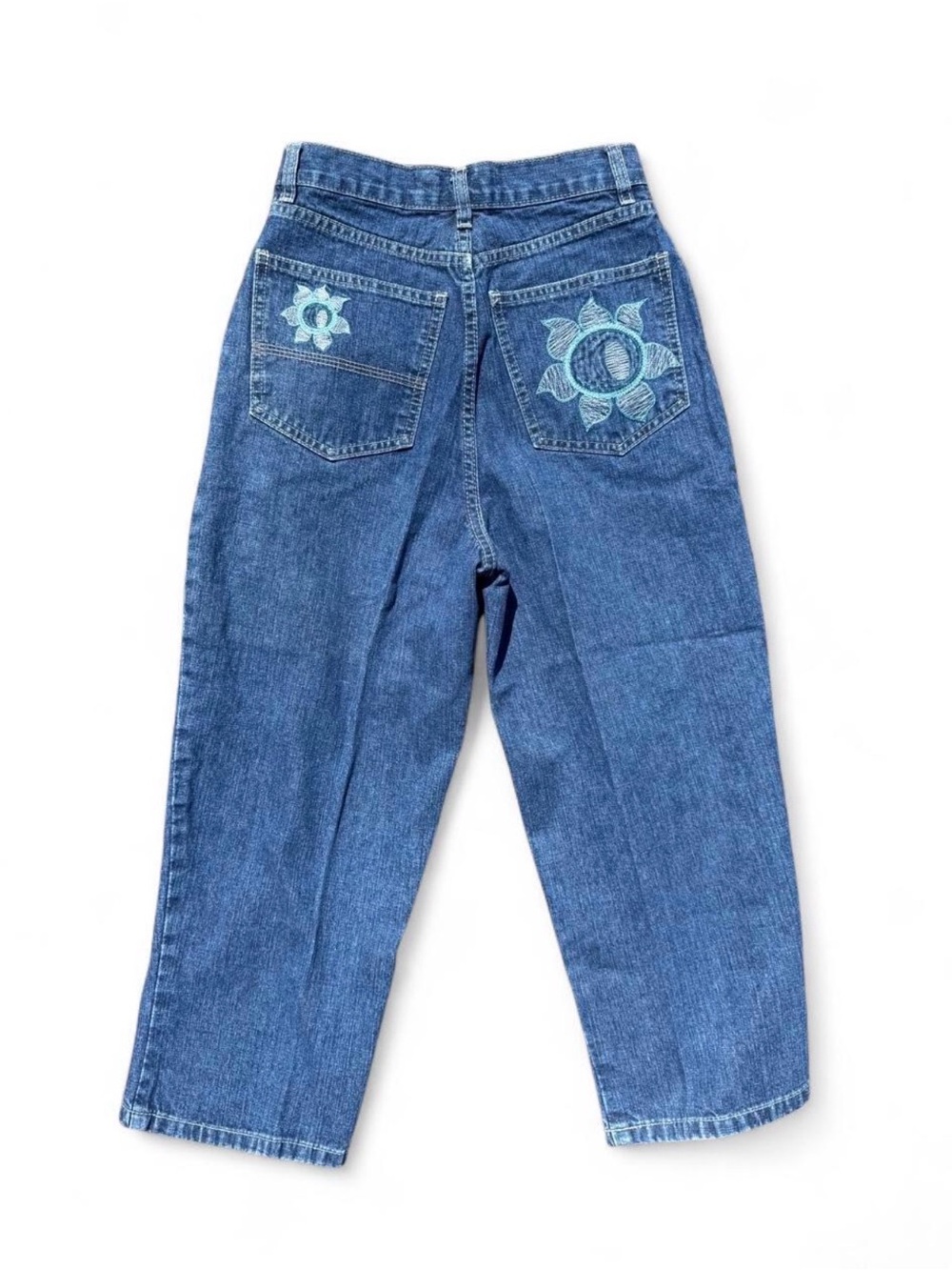 Y2k Route 66 Blue Floral Embroidered Fairycore Back-Pocket Women’s Capri Jeans